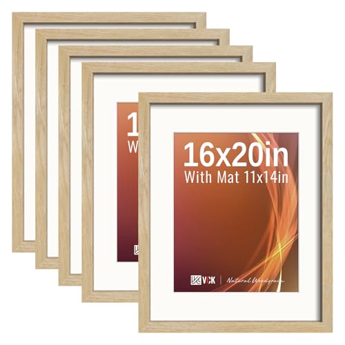 VCK 16x20 Picture Frames 5 Pack, Natural Wood, 11x14 Mat, Glass, for Poster