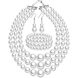 Haysandy 1920s Pearl Necklace for Women Costume Jewelry Set Faux Pearl Necklace Bracelet Earring for Party Wedding Gift(White)