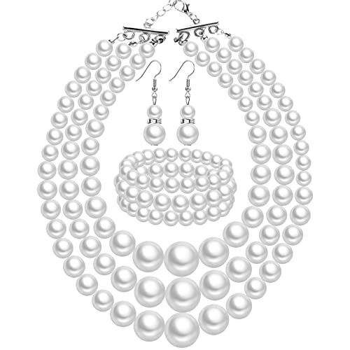 Haysandy 1920S Large Big Pearl Necklace Bracelet And Earring Wedding Faux Pearls Jewelry Set Multi Strand Simulated Pearl Necklace Chunky Pearls Costume Jewelry For Women Girls Bride Gift (White) #TOP26