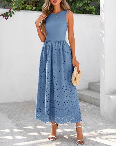 Image of dowerme Women Summer Dresses 2026 Casual Sleeveless Crewneck A-Line Boho Lace Eyelet Cotton Tank Maxi Dress with Pockets