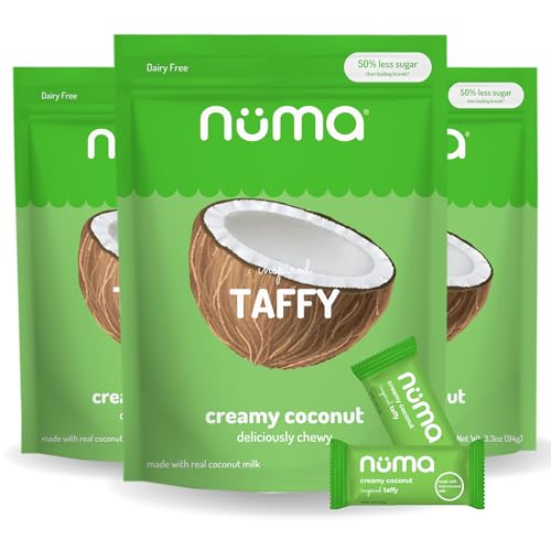Numa Foods Creamy Coconut Taffy Candy – Dairy Free, Low Sugar Candy - Low Calorie &amp; Natural Chewy Snack with Real MCT-Rich Coconut Milk, Gluten Free – 3 Bags with 10 Individually Wrapped Chews Each