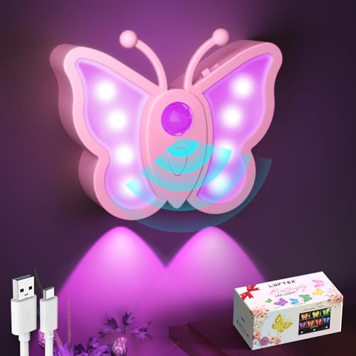 Image of LOFTEK Butterfly Night Light, Rechargeable Motion Sensor Night Lights, 2 Color Modes & Dimmable RGB Nightlight, Stick on Wall, Bedside, Bathroom, Hallway, Stairs, Cabinet (Pink, 1 Pack)