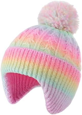 Toddler Earflap Beanie Hat with Pom Pom, Girls Boys Knit Cap Warm Winter Hats for Kids