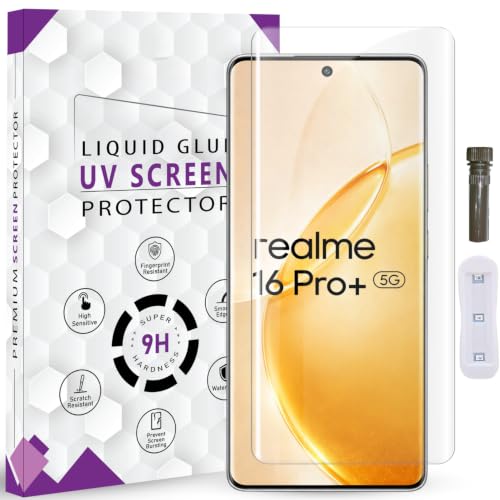 Image of Advanced HD+ UV Tempered Glass Screen Protector For Realme 16 Pro Plus 5G (6.8 Inch, Pack of 1) Full Adhesive UV Curved Screen Guard, Case Friendly with installation kit