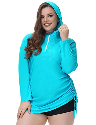 Hanna Nikole Womens Long Sleeve Rash Guard Half Zip With Hood Drawstring Adjustable Swim Shirts 18W Sky Blue #TOP24