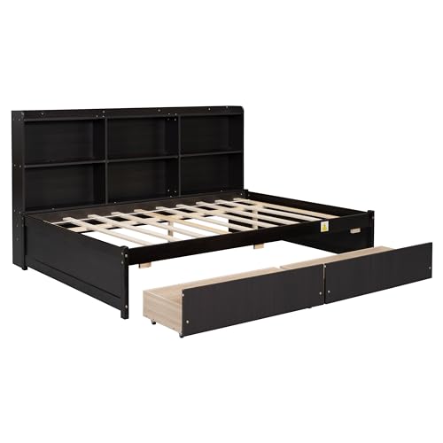 DNChuan Full Size Platform Bed with Bookcase Headboard,Daybed with Storage Drawers and Bookshelf,Espresso