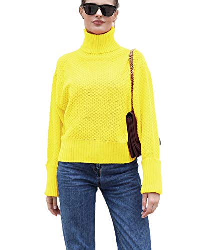 Blusa de tricô feminina em gola alta pulôver de tricô solto grosso aconchegante, Amarelo, Medium