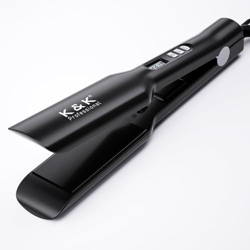 K&K Ceramic Hair Straighteners Flat Iron 45 mm Wide Professional Flat Iron for All Hair Types – Adjustable Temp 50C-230C Fast Heat up Dual Voltage Straightening Iron (Black, 45mm)