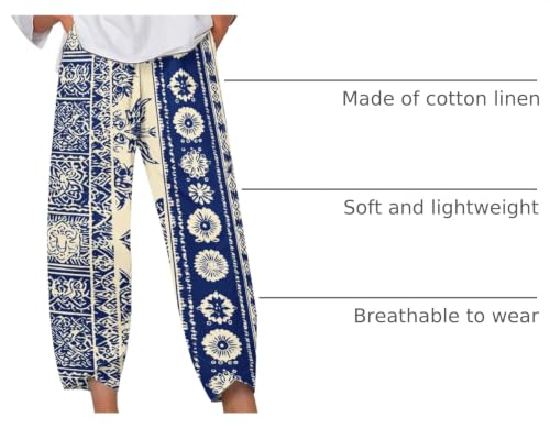 Image of DMOYALA Linen Pants for Women Summer Casual Wide Leg Capri Pants Loose Fit Palazzo Pants Cropped Beach Pants with Pockets