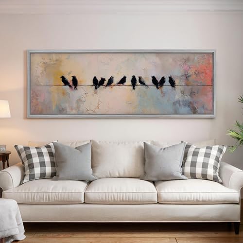 Oiseaux sur un fil peinture panoramique grand format mur nu