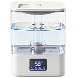 KZF Top Fill Humidifiers for Bedroom & 60H Runtime - Cool Mist Humidifier, 3 Mist Levels, 8H Timer, Essential Oil Tray, Humidity Display, Quiet for Bedroom, Baby, Plants, Large Room (White, 4L)
