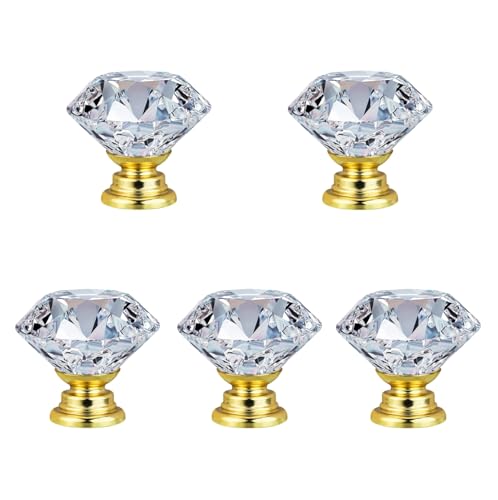 AILEWE 引き出し 取っ手 クリスタル 光学級K9クリスタルガラス 5個セット 高さ28mm 直径30mm,つまみ 透明 亜鉛合金ベース,ガラス 扉 ノブ,クローゼット,ドレッサー,取っ手 おしゃれ,キラキラ, DIY つまみ 金具(ダイヤモンド型) (ゴールド)