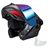 JQF Gear Modular Motorcycle Helmet Dual Visor Flip Up Full Face Helmets FF808 DOT Approved for Adults Men Women (Red Mech Man, L)