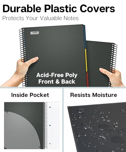 Image of Dunwell 3-Subject Notebook College Ruled 8.5 x 11 (Black), 150 Sheets (300 Pages), Spiral Notebook 8.5x11 with Tabs, Movable Dividers, Storage Pockets, Protective Plastic Covers