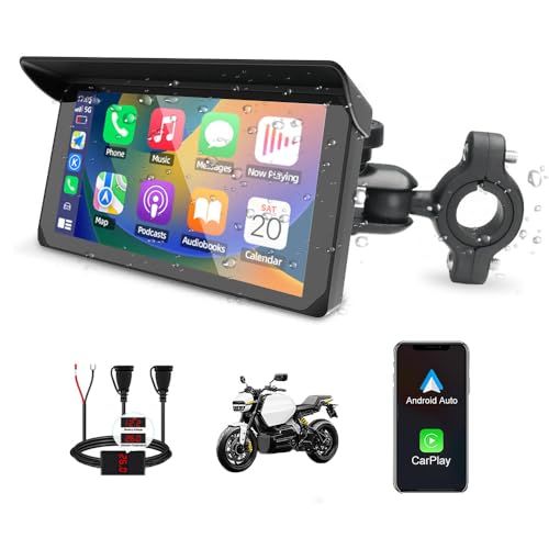 VSYSTO Écran Carplay Moto, Carplay sans Fil et Android Auto Navigation GPS pour Moto, Tactile étanche IP67 de 5 Pouces avec Dual Bluetooth, Siri, Assistant Vocal, Double Port USB, Support