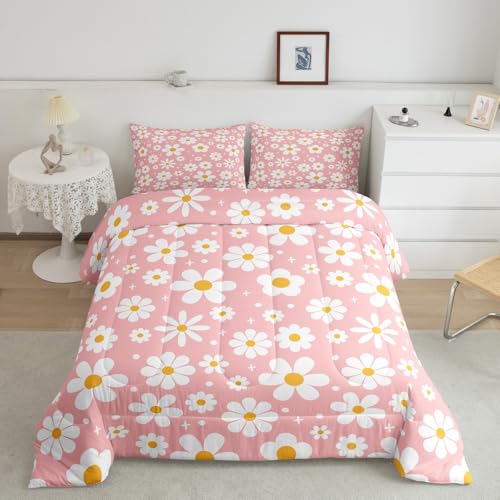 Image of Daisy Flower Groovy Comforter Set Toddler Size Kids Boys Girls Bedding | Retro Boho Breathable Soft Lightweight Duvet Set Quilt Set Bedroom Decor Microfiber 2Pcs Light Pink Warm Cozy All Season