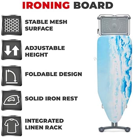 Tower T873012 Large Mesh Ironing Board with Cloud Design Back Cover and Adjustable Height, Silver