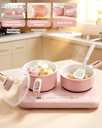 Cooking Sets Real Electric Dual Stove - Montessori Real Cooking Set with Mini Kitchen Tools, Safe Utensils, Apron & Cookware - Great for Pretend Play Montessori Learning (Pink) - 3