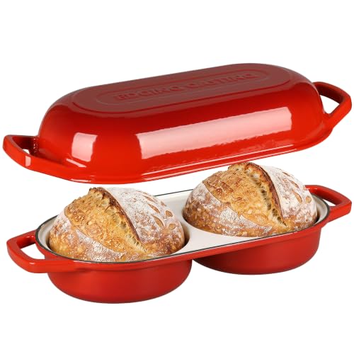 EDGING CASTING Enameled Cast Iron Double Bread Dutch Oven, Red