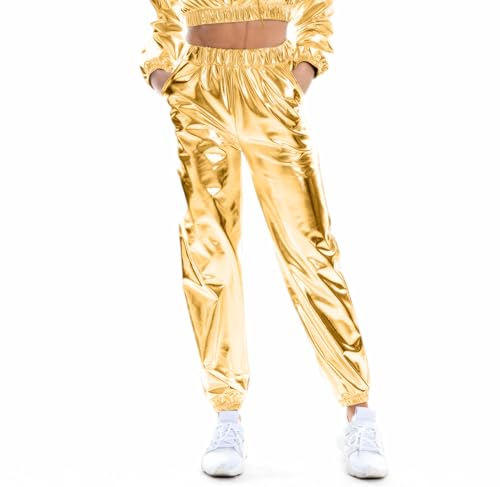 Women's Metallic Shiny Jogger Casual Holographic Color Streetwear Pants Hip Hop Fashion Smooth Elastic Trousers4