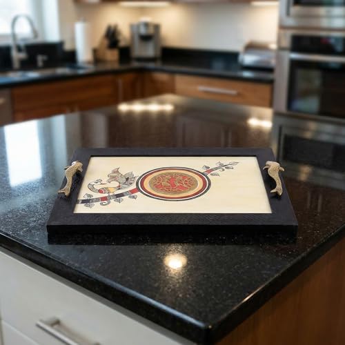 Image of Aakriti Art Creations' Fusion Art Tray, Serving Platter for Tea & Snacks | Hand-Painted Madhubani Art with Matte Finish, Handcrafted Metal & Wood Decorative Tray with Handles| Snacks Tray Set