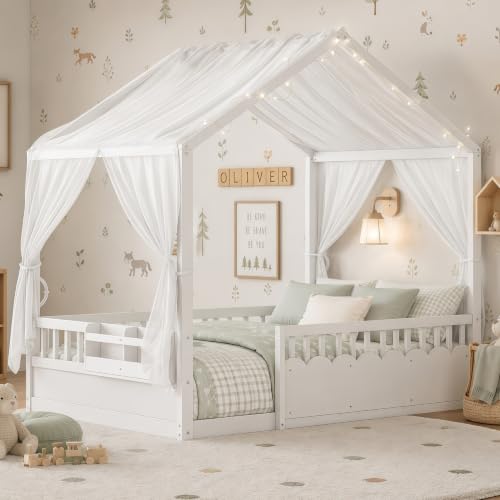 Image of Bellemave Full House BedFrame with Canopy, Montessori House Bed with LED and Bookshelf and Rails for Kids, White
