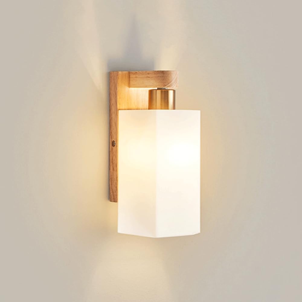Original Modern Bedside Wall Sconces Japanese Style Minimalist Solid Wood Hallway Wall Light Hardwired Nordic Creativity Glass Bedroom Wall Mounted Lamp for Living Room Aisle Entrance Hall