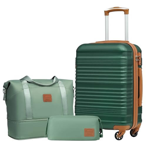 COOLIFE Suitcase Trolley Carry On Hand Luggage Travel Suitcase ABS Hard Shell Travel Bag with TSA Lock and 4 Spinner Wheels (Dark Green, 20 Inch Luggage Set)