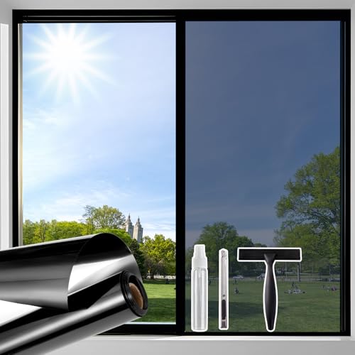 Beautysaid Window Film Privacy One Way Clear, Mirror Heat Reflective Window Security Tint Film Home, Anti Glare UV Sun Blocker Glass Door Covers, Static Cling See Out Not In (75x200cm, Black)