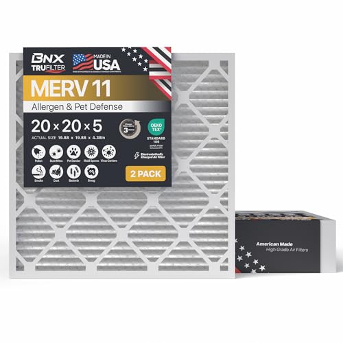BNX TruFilter 20x20x5 (19.88 x 19.88 x 4.38 Honeywell Compatible 4) MERV 11 Air Filter (2-Pack) - MADE IN USA - HVAC AC Furnace Filters Health Allergies Mold Bacteria Smoke MPR 1200 FPR 7