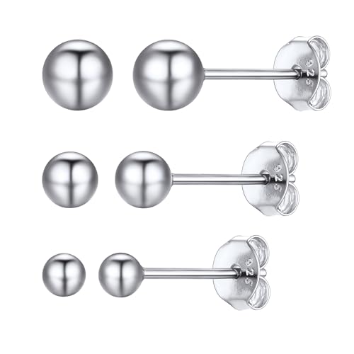 PROSILVER 925 Sterling Silver Ball Stud Earrings, Hypoallergenic for Sensitive Ears, Womens Flat Back Studs, 3mm/4mm/5mm/7mm, Come with Box I: 3 Pairs-Silver