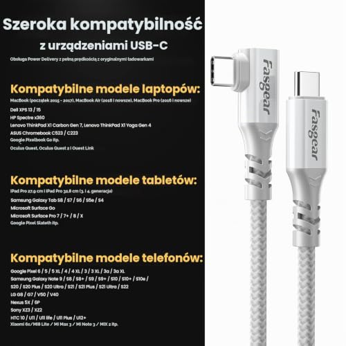 Fasgear kabel USB C na USB C 3,2 Gen 2x2, 20 Gb/s, wideo 4K, 100 W, pleciony przewód kątowy typu C kompatybilny z urządzeniami M1 MacBook Pro, iPad Pro, Galaxy S22, laptopami, monitorami, stacjami dokującymi, PS5, urządzeniami USB-C, 3 m, biały