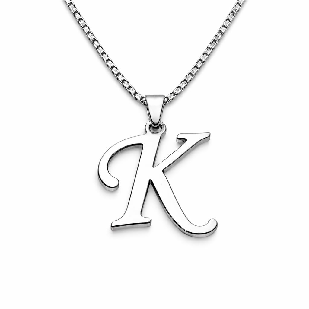 English Alphabet Initial Charms Letter Initial K Alphabet Silver Stainless Steel Letters Script Name Pendant Chain Necklace from A-Z for For Men And Women | Jewellery Accessories for Boys | Minimal Jewelry | Gifts for Boyfriend & Husband | Gift for Diwali, Christmas, Marriage, Birthday