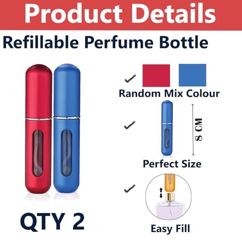 Image of TEMPERIA (2pcs) Mini Perfume Refill Bottle - Empty Small Portable Perfume Atomizer Refillable Dispenser Container - Travel Essentials & Accessories for Women & Men (Multicolour)