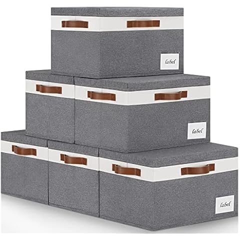PFFVRP Large Storage Bins with Lids, Foldable Fabric Storage Baskets with Lids, Sturdy Storage Boxes with Labels and 3 PU Handles for Closet Home Bedroom Office (26L, Grey&White) Cover