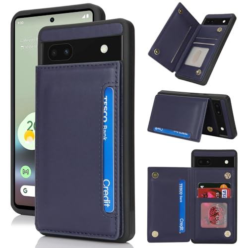 Étui portefeuille pour Google Pixel 6a iCoverCase en cuir synthétique bleu foncé