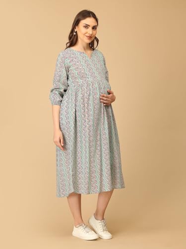 Image of The Mom Store Maternity and Nursing Dress | Pre and Post Pregnancy Dress for Womens | Zipper /Button Opening | Causal Wear | Trendy Stylish Causal Dresses for New Moms