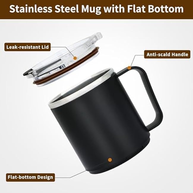 VOBAGA 15oz Stainless Steel Coffee Mug with Flat bottom and Handle, Work with Coffee Warmer for Rapid Heating Coffee, Tea and Milk Office Desk Accessories Black