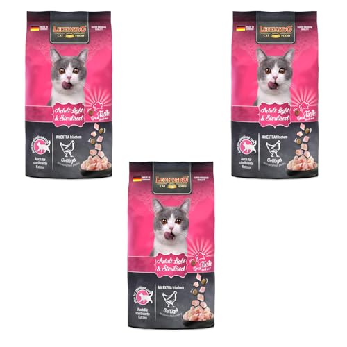 Leonardo Adult Light & Sterilised | Paquete Triple | 3 x 300 g | Comida Seca para Gatos Adultos esterilizados | con Aves | Bajo Contenido energético & Alto Contenido en proteínas