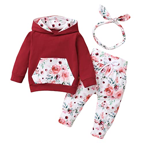 FYBITBO Infant Baby Girl Fall Clothes Hoodie Sweatshirt Top Pants 3Pcs Winter Outfit Cute Girl Clothing with Headband (Wine red,0-6 Months)