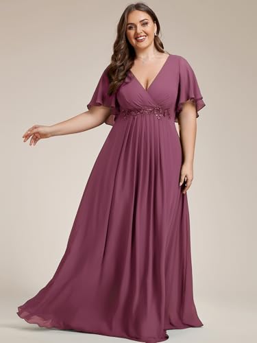 Image of Ever-Pretty Short Sleeves V Neck Plus Size Formal Dresses for Curvy Women Chiffon Mother of The Bride Dress Evening Gowns