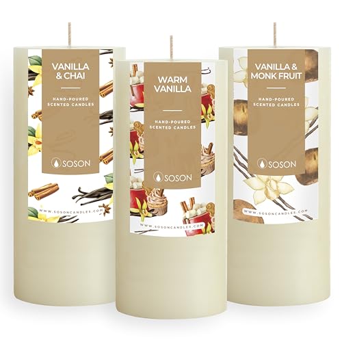 Simply Soson Cinnamon Vanilla Sugar Scented Candle Set - 3x6 Ivory Pillar Candles for Home,