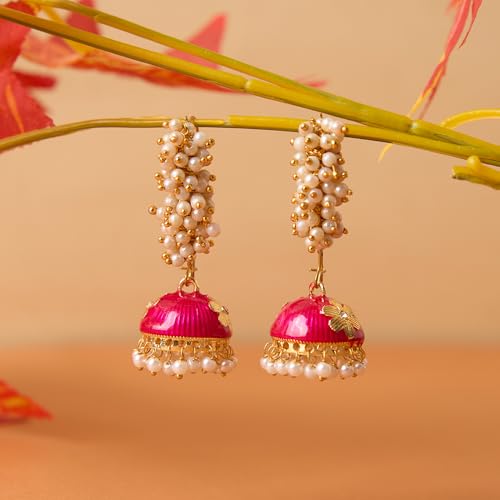 Moonstruck Golden Meenakari Jhumkas With White Pearls For Women (Green)4