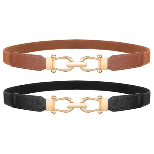 LEACOOLKEY 2 Pack Women Skinny Stretch Belts for Dress Ladies Elastic Thin Waist Belt with Gold Buckle