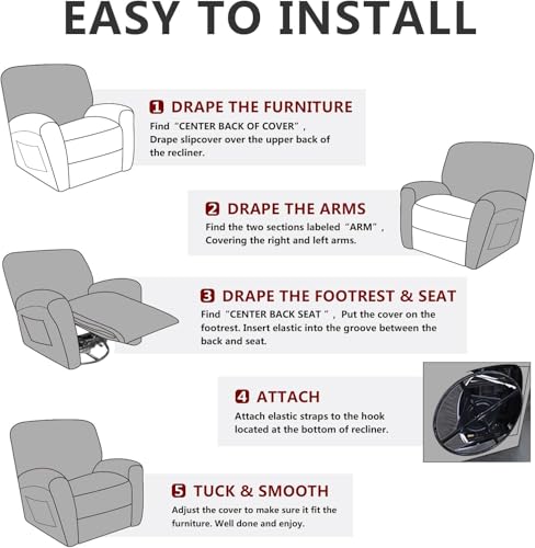 Image of molasofa Recliner Chair Cover- 4 Piece Leather Like Large Recliner Cover with Pocket Soft Non Slip Stretch Recliner Slipcover for Lazy Boy Recliner Chair Washable Furniture Protector (Black)