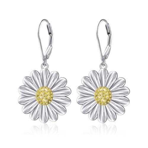 Sterling Silver Daisy Flower Leverback Dangle Drop Earrings - Floral