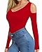HERLOLLYCHIPS Womens Long Sleeve Tops Deep V Neck Cold Shoulder Tight Fitted Sexy Casual Fall Winter Tee T-Shirts(Long Sleeve Red, Medium)