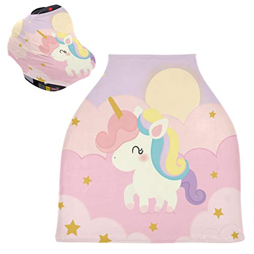 かわいいユニコーンピンククラウドベビーカーシートカバーキャノピー伸縮性看護カバー幼児用母乳の男の子の女の子のための通気性防風冬のスカーフ