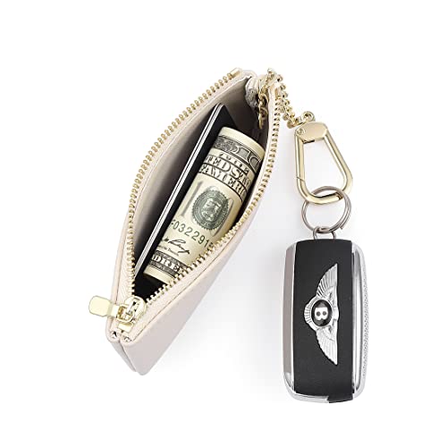 Premium Genuine Full Grain Leather Mini Coin Purse Keychain Pouch Card Holder for Men Women (Beige)4