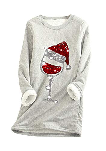 Image of EFOFEI Women's Winter Plus Velvet Sweater Top With Wine Glass Pattern Warm And Comfortable Sweatshirt Light Gray L